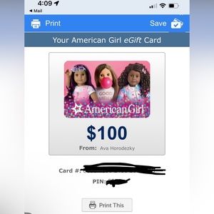 American Girl $100/$64.98 gift card